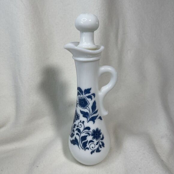 Vintage Avon Delft Blue Milk Glass Cruet Vase Tall Bottle Stopper Empty Pitcher - Picture 1 of 4